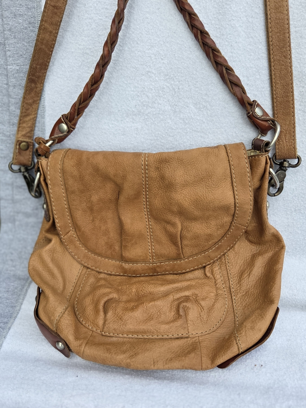 Fossil Cognac Tan Leather Shoulder Bag with Braided Strap